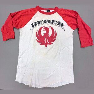 Vintage 80s RUGER Firearms Gun Raglan 3/4 sleeve T Shirt XL Single Stitch Red
